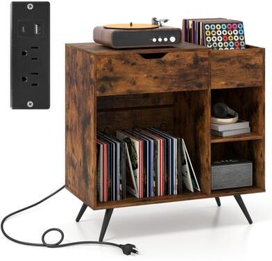 Costway Record Player Stand with Power Outlet-Rustic Brown