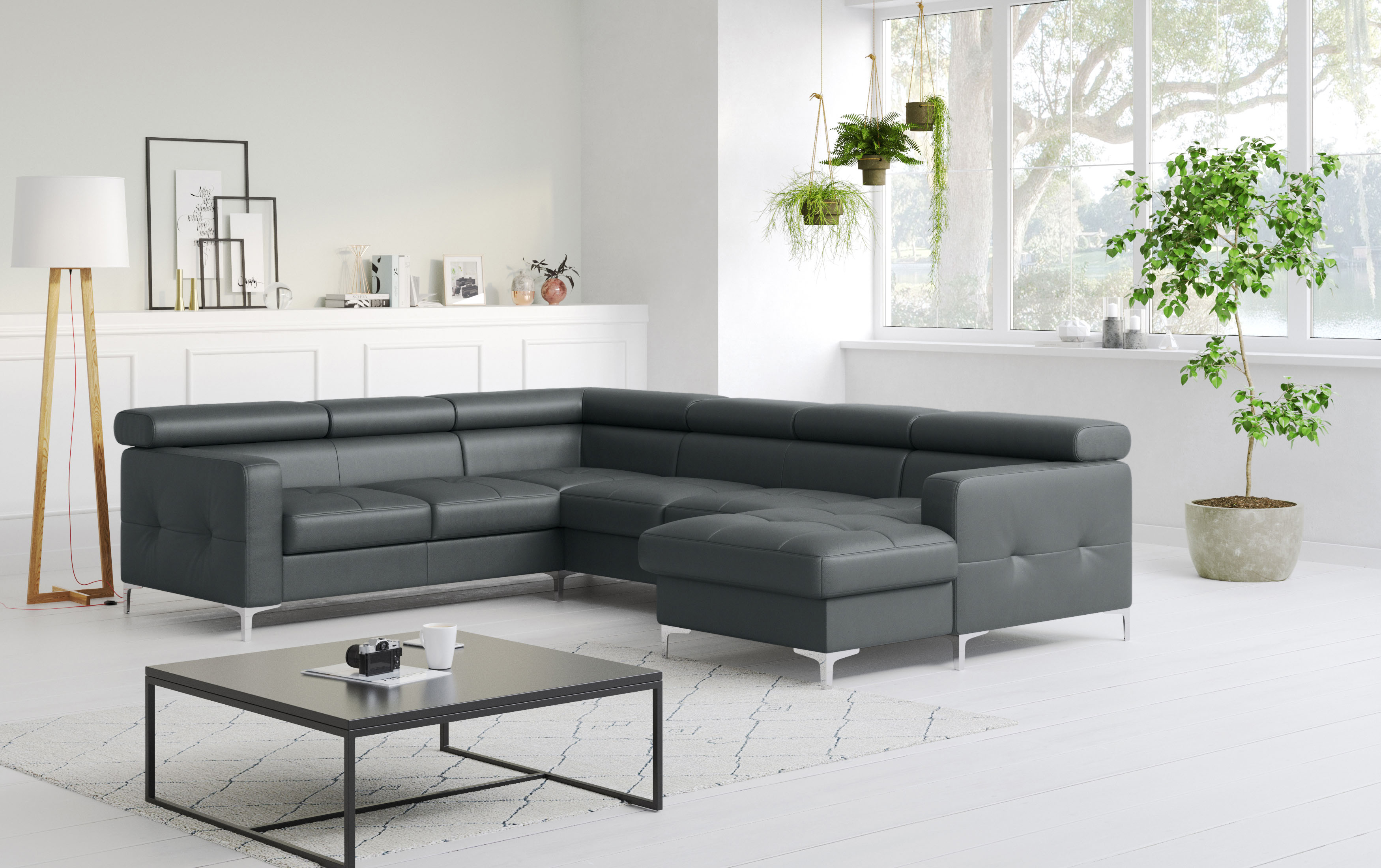 Wohnlandschaft COTTA "Sammy U-Form, B: 304 cm", grau (fango), B:304cm H:74cm T:240cm, NaturLEDER, die Rückseite ist mit schwarzem und die Liegefläche der Bettfunktion ist mit beigem Spannstoff bezogen, Sofas, Wohnlandschaft, Kopfteilverstellung, optional 