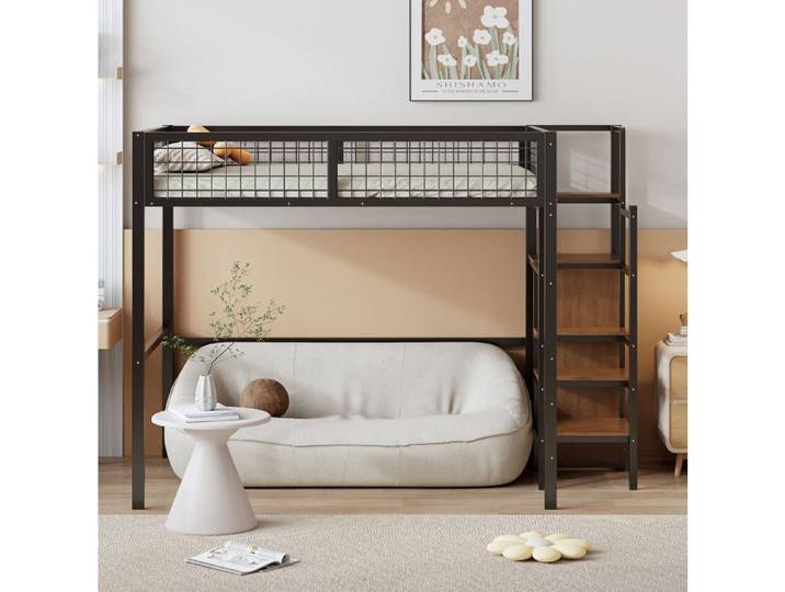 Lit surélevé 140x200 avec échelle structure métallique noire rangement et armoire intégrée