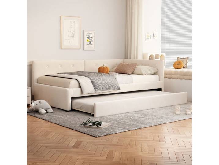 Lit de jour avec lit gigogne - 90x200 cm - Beige - Velours - Design minimaliste - Lit gigogne - Cadre en bois