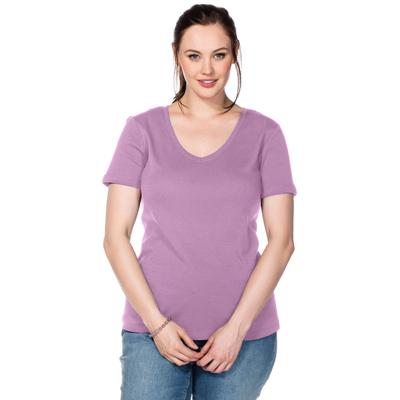 T-Shirt SHEEGO "T-Shirt", Damen, Gr. 52/54, orchidee, 100% Baumwolle, unifarben, V-Ausschnitt, Shirts T-Shirt