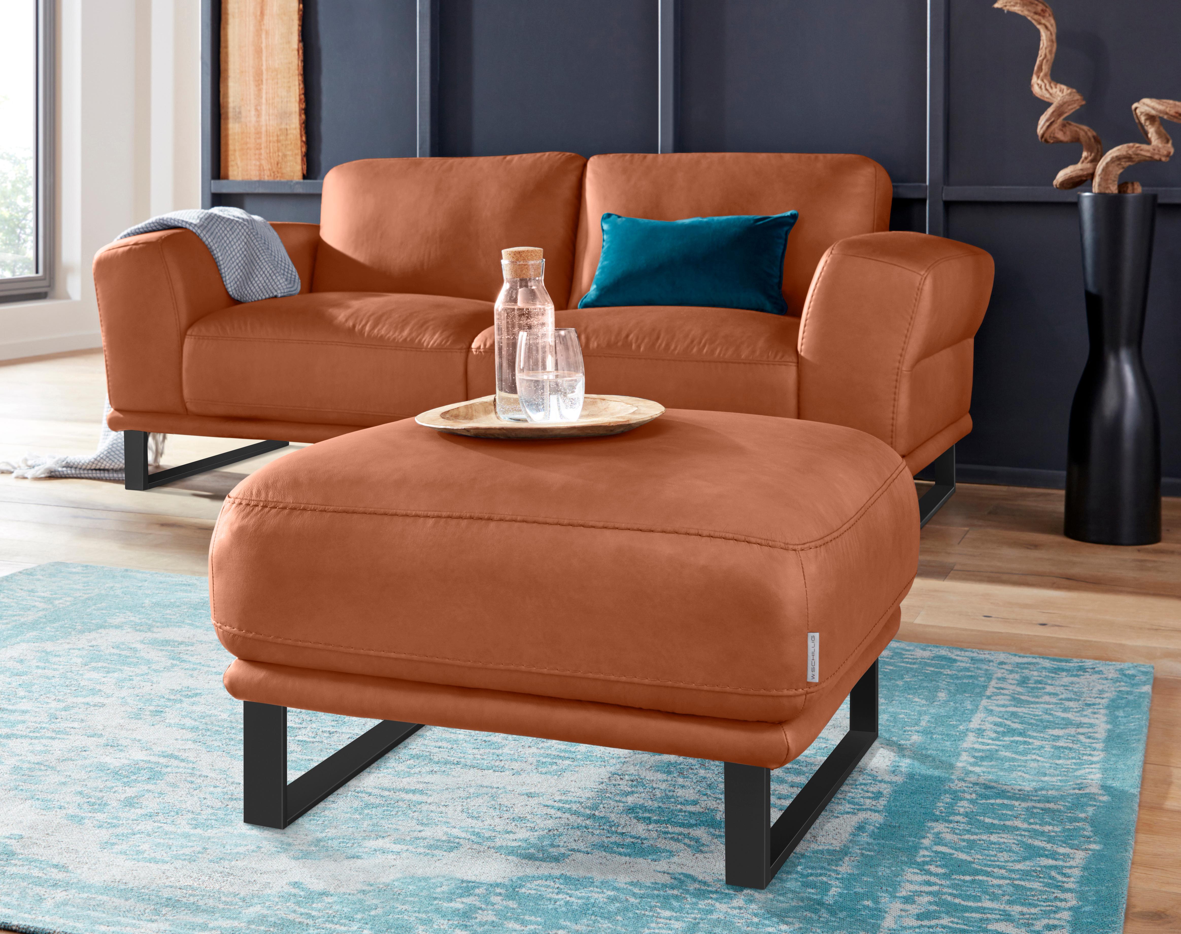 Hocker W.SCHILLIG "montanaa", braun (cognac z69), B:71cm H:42cm T:71cm, Hocker, Hocker, mit Metallkufen in Schwarz pulverbeschichtet, Breite 71 cm