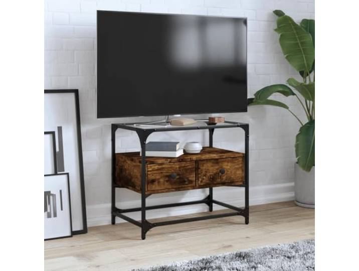 HEFZGDB TV-Schrank mit Glasplatte Räuchereiche 60x35x51cm Holzwerkstoff Metallrahmen Industriestil Zwei Schubladen Stauraum Beistellschrank TV-Ständer