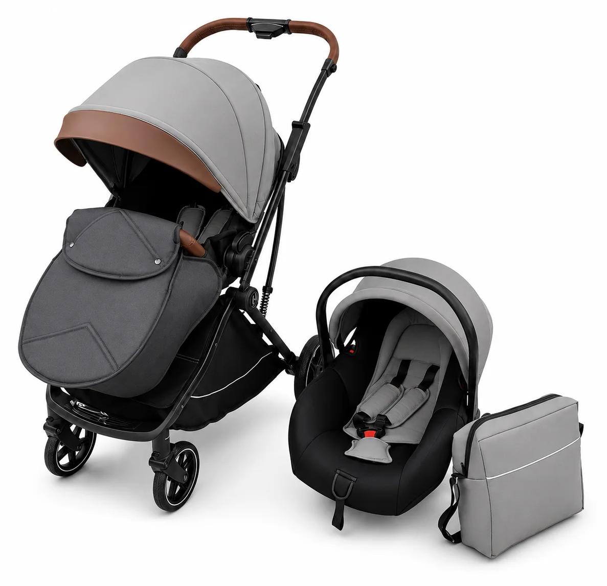 2-in-1-Reisekinderwagen - Modell 809 - Kombikinderwagen - Babyschalen-kompatibel - Faltbar - Leinenstoff - Bis 5 kg - Grau