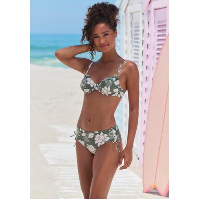 Bügel-Bikini-Top S.OLIVER "Lady", Damen, Gr. 36, Cup F, grün (olive, creme), Microfaser, Recycling-Polyamid, geblümt, Bikini-Oberteile, mit floralem Design