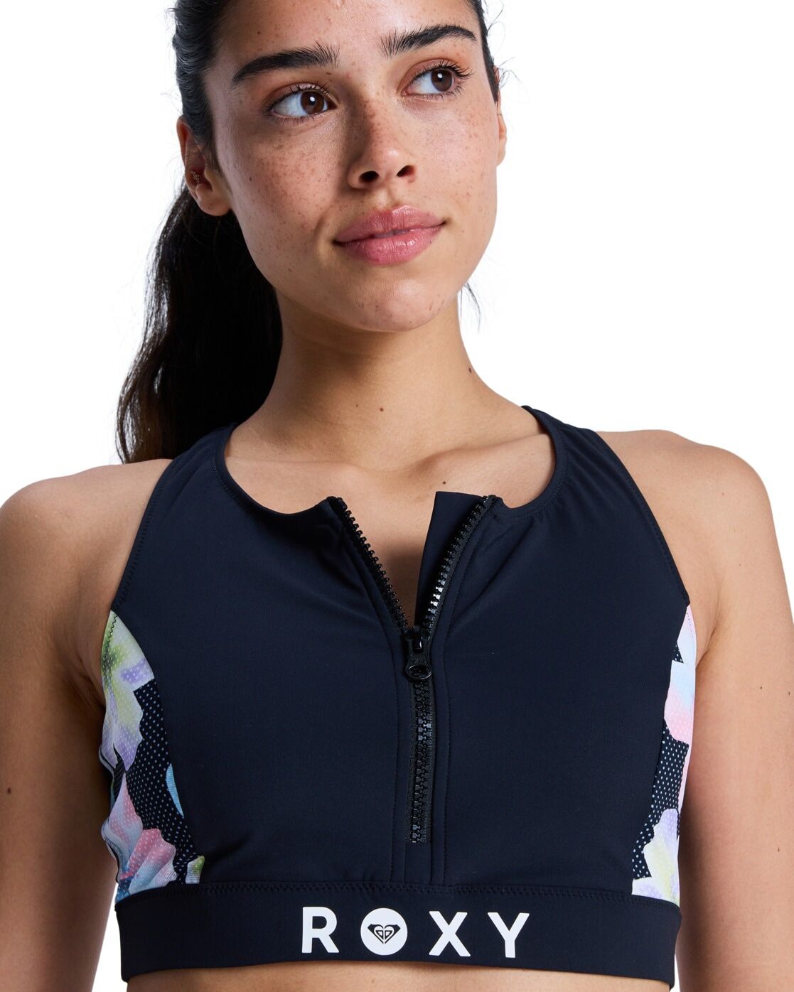 Crop-Bikini-Top ROXY "Roxy Active Crop Top", Damen, Gr. XS, blau (anthrazit im fleur real), Obermaterial: 75% Nylon, 25% Elasthan., Bikini-Oberteile Crop-Bikini-Top anthrazit im fleur real XS