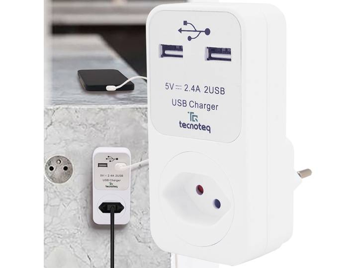 Steckdose mit 2x USB-Ladeport 2.4A Überspannungsschutz, Swiss-Edition