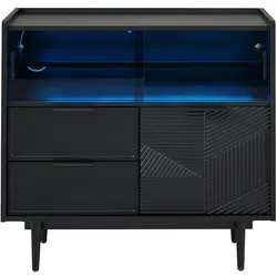 MErax Sideboard 80x35x80 cm, Anrichte mit LED-Lichtleiste, Sideboard mit Glasschiebetüren, 2 Schubladen, Küchenschrank & Wohnzimmerschrank, Schwarz