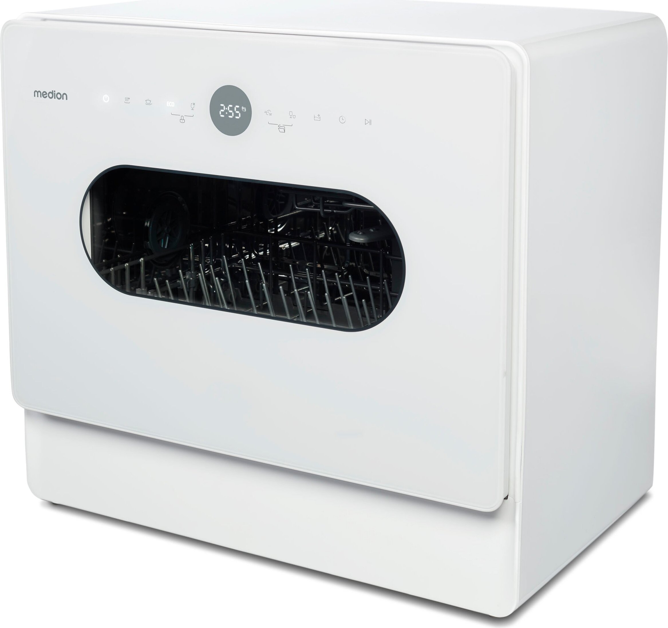 MEDION Mini Geschirrspüler DWT51 (Tischgeschirrspüler mit Touch-Bedienfeld, Eimer-Funktion, 5 Maßgedecke, funktioniert mit/ohne Wasseranschluss, 7 Reinigungsprogramme, Startzeitvorwahl, MD 37766) weiß