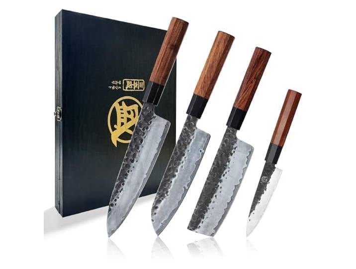 MITSUMOTO SAKARI 4 Teiliges Japanisches Küchenmesser Set Professionelle Handgeschmiedete Knife Set, 3 Lagiges Kohlenstoffreicher Stahl Messerset,Rosenholzgriff und Boutique Holzkiste