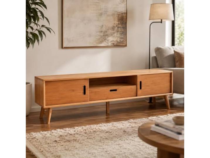TV Board Lowboard TV Schrank Lowboard Fernsehtisch TV Bank Holz Wohnzimmer Massiv Bambus Schiebetüren Schublade(Brown,140cm/55in)