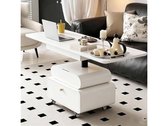 Couchtisch mit anhebbarem Blatt, Stauraum & Laufrollen, multifunktional Massivholz-Optik, verdeckter Stauraum, leise Laufrollen, minimalistischer Stil für Wohnzimmer & gehobene Innenräume(D)