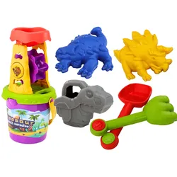 Dinosaurier-Sand-Set, Mühle, Trichter, Spachtel, Rechen, Gießkanne, Formen