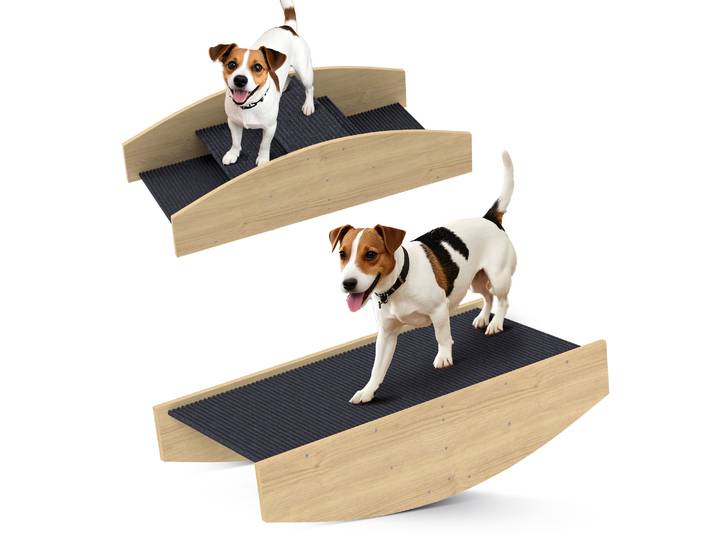 PawHut Bascule Chien Agility Réversible 2-en-1 - Escalier 3 Marches en Bois avec Tapis Antidérapant Noir - Parcours Agility Chie