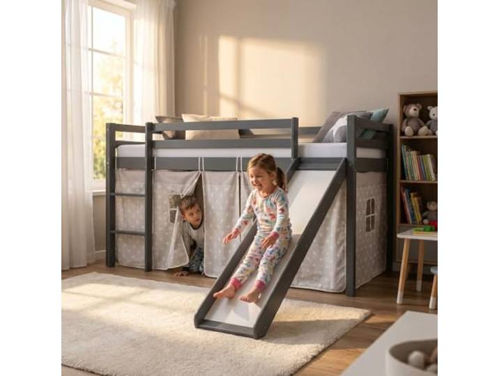 Homestyle4u Kinderbett Hochbett 90x200 Grau mit Rutsche & Leiter