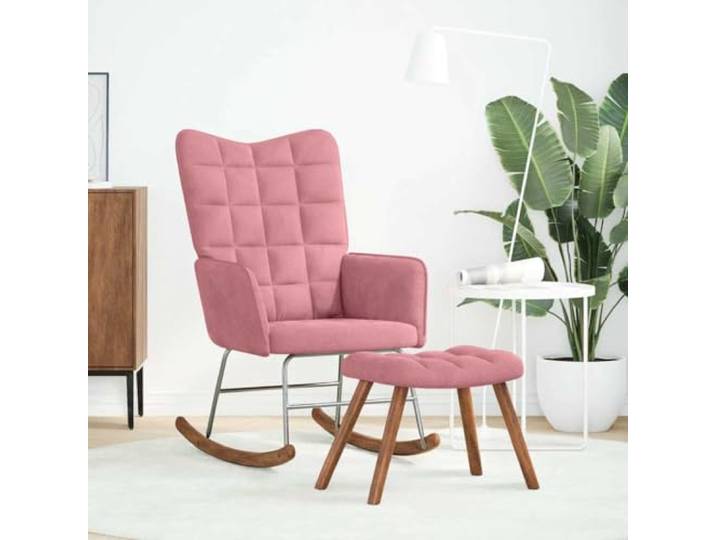 Schaukelstuhl mit Fußablage Rosa Samt, mit Holzfüßen Rosa Samt Stabiler Rahmen Holzbeine Doppelte Fußablage für Wohnzimmer Schlafzimmer