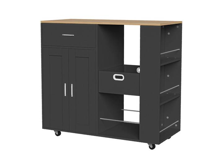 EuroLiving Kücheninsel mobil, schwarz, Eichenplatte, offene & abnehmbare Regale, Schwarz, Holz, 102x92x46 cm, Küchen, Küchenmöbel, Kücheninseln