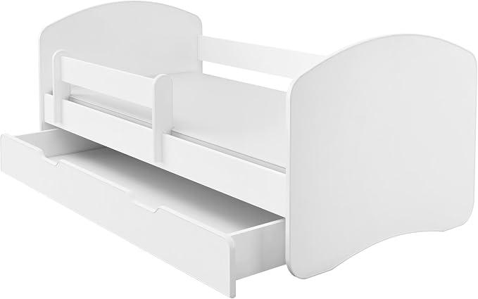 Kinderbett 140x70 cm Weiß mit Matratze und Lattenrost - Juniorbett mit Rausfallschutz, Belastbar bis 120 kg,Variante mit Schublade