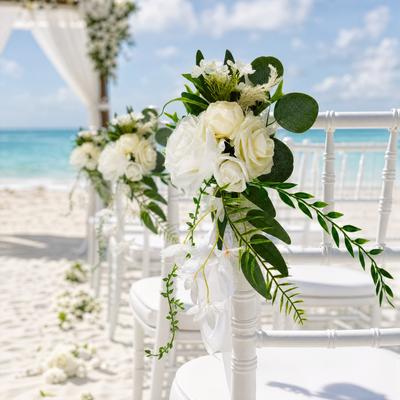 Garvee Rustic Wedding Chair Decorations - 6Pcs Artificial White Flowers with Ribbons - Aisle & Chair Back Decor