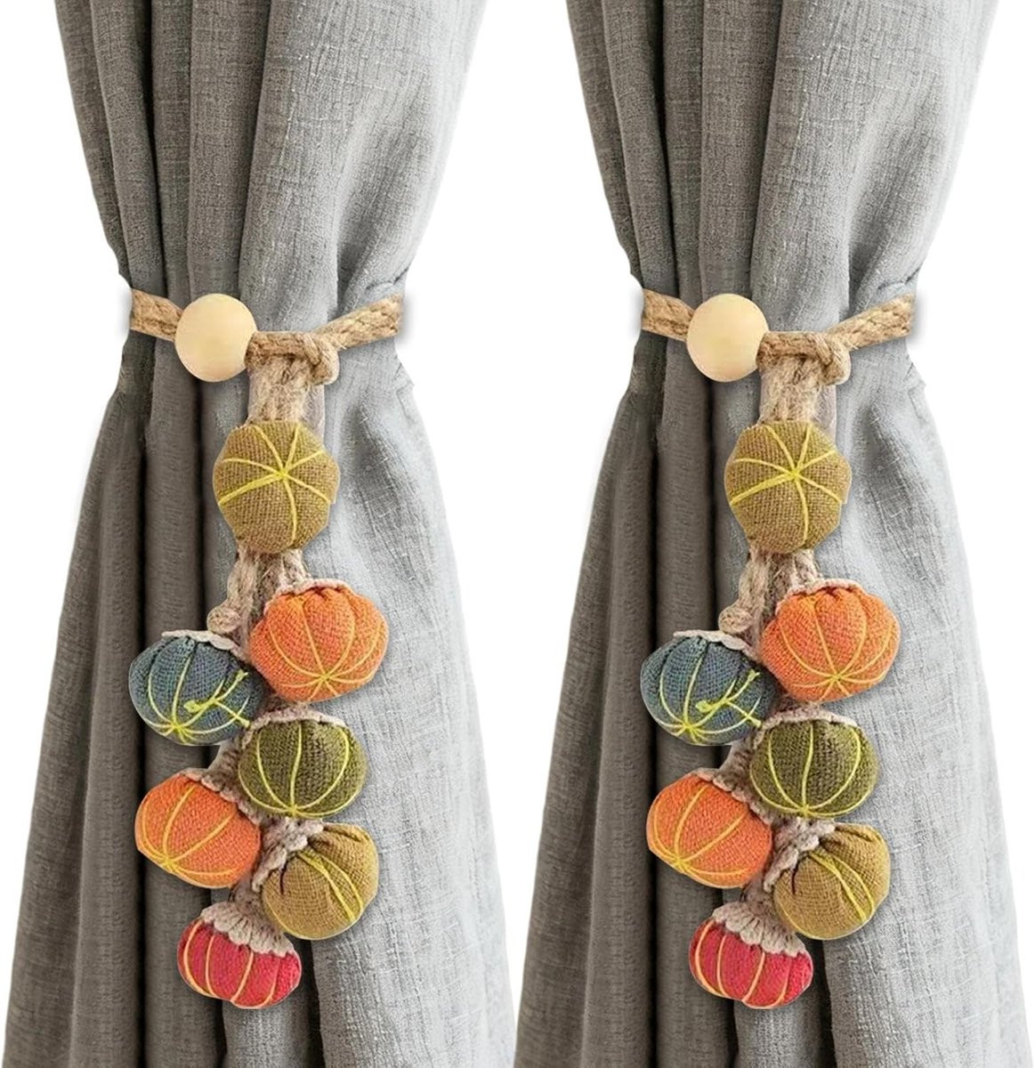 Set van 2 verstelbare jute gordijnophangers met pompoen accessoires voor raamstyling
