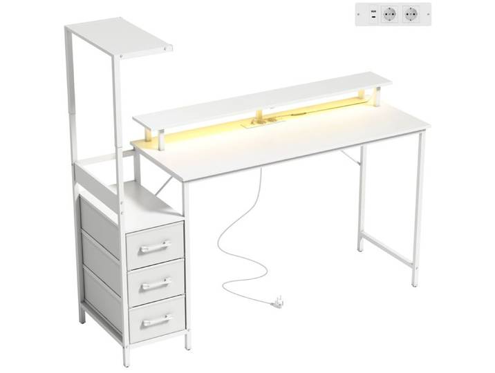 FSX Bureau Gaming 147cm Support CPU RGB Prises USB USB-C Écran 3 Tiroirs Tissu Blanc