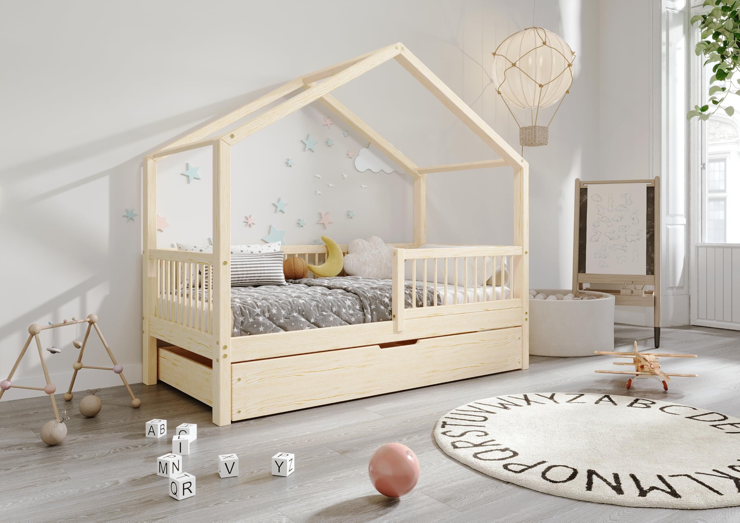 TIMBEE MURLO Box Hausbett Kinderbett Holz Bett mit Schublade - Unlackiert - 90x200cm