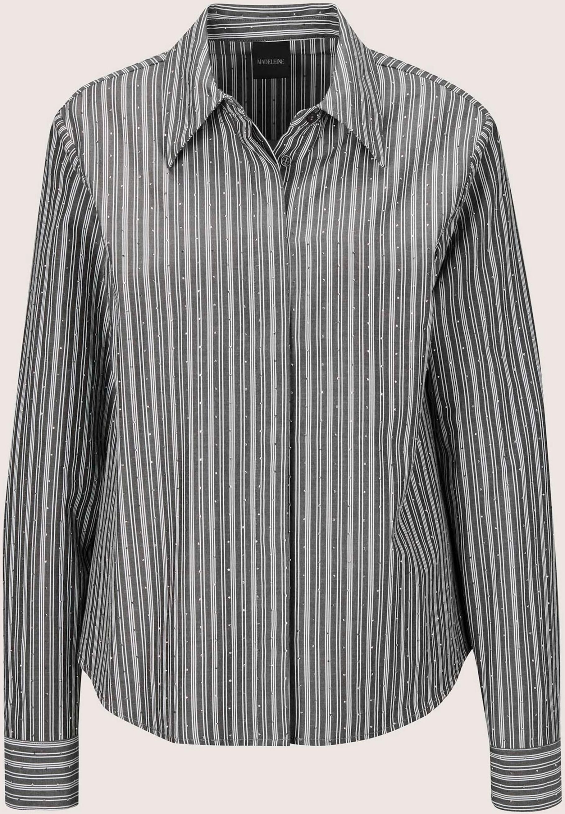 Hemdbluse MADELEINE "Bluse Hemdbluse mit Streifen und Strass", Damen, Gr. 38, bleigrau, weiß, Modern, regular fit, V-Ausschnitt, Blusen Hemdbluse
