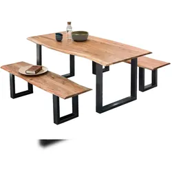 Möbilia Sitzbank 150 cm | mit Baumkante gewachsen | Platte Akazie 26 mm | Stahlgestell | natur – antikschwarz | 25020031 | Serie SITZBANK