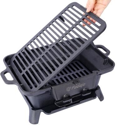 "Oval Cast Iron Grill Outdoor, Portable Charcoal Grill and Tabletop Cast Iron Skillet, Camping Stove, Hibachi Grill - 19.6""W"