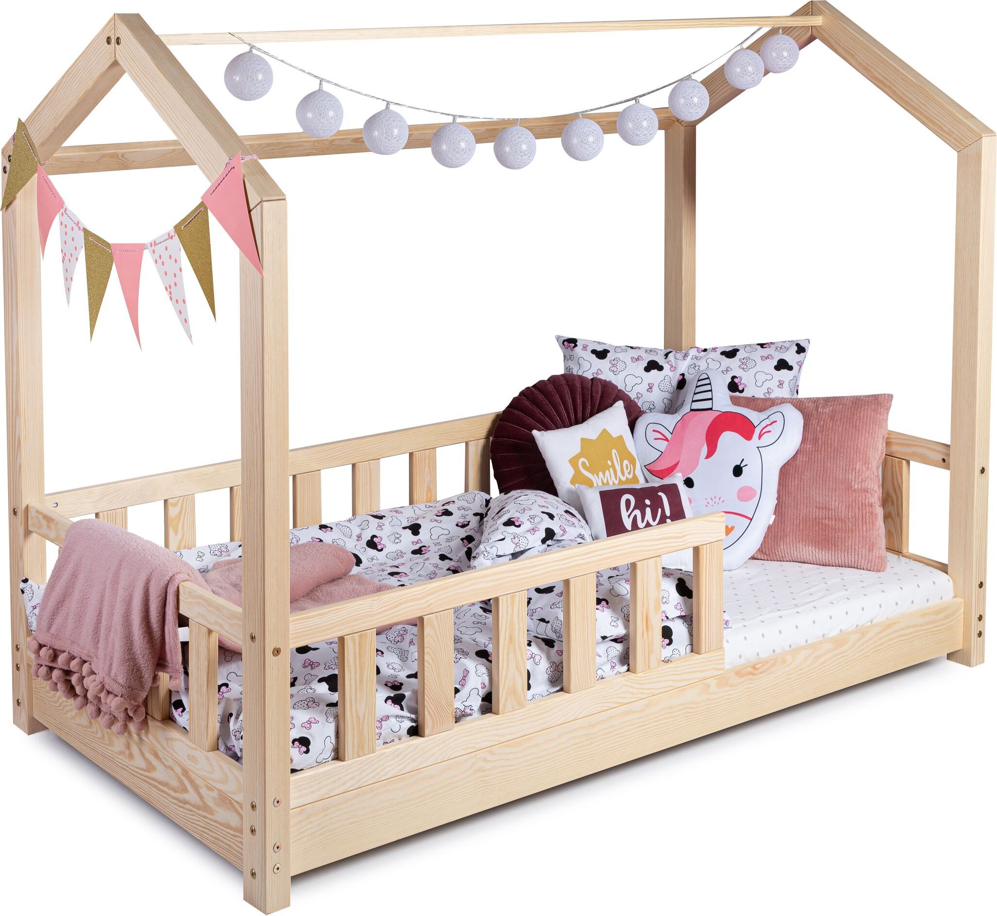 Kinderbett Bett Hausbett 90x200 mit Rausfallschutz Latternost Bettgestell aus Kiefer Holz für Haus Kinder Jungen & Mädchen - Holzbett Baby Kinderzimmer Junge Deko (Rausfallschutz: MIT)