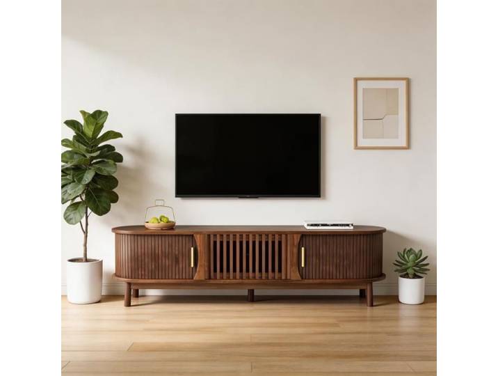 Meuble TV bas - PAGE LIVING - 165x39 5x46 cm - Portes coulissantes et rabattables - Support TV 65 pouces - Style scandinave