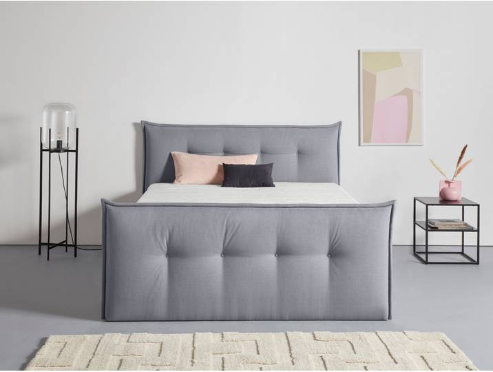 Boxspringbett, Struktur, Grau, 195×226 cm, Mit Bettkasten & Topper, Skandinavisch, andas