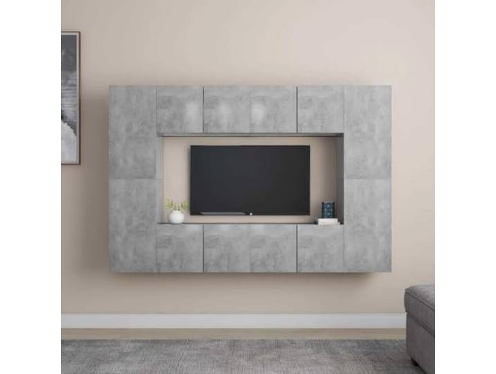 HEFZGDB 8-TLG. TV-Schrank-Set Betongrau Holzwerkstoff mit Wandmontage und reichlich Staufächern für Bücher und Medien - Robuster Aufbewahrungsschrank mit zeitlosem Design