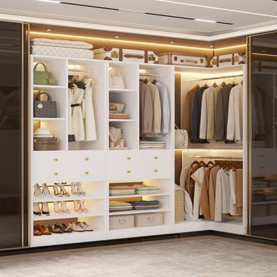 Rackcog Grimm Coner Closet Organizer System with Shoe Racks and Drawers, Freestanding Wardrobe with Hanging Rods and Shelves