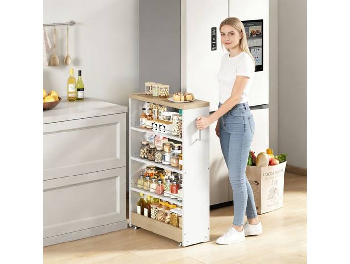 Desserte à roulettes -Chariot de Rangement à 5 Niveaux -Desserte Cuisine -Étagère de Cuisine Fin avec roulettes et Poignée- Blanc