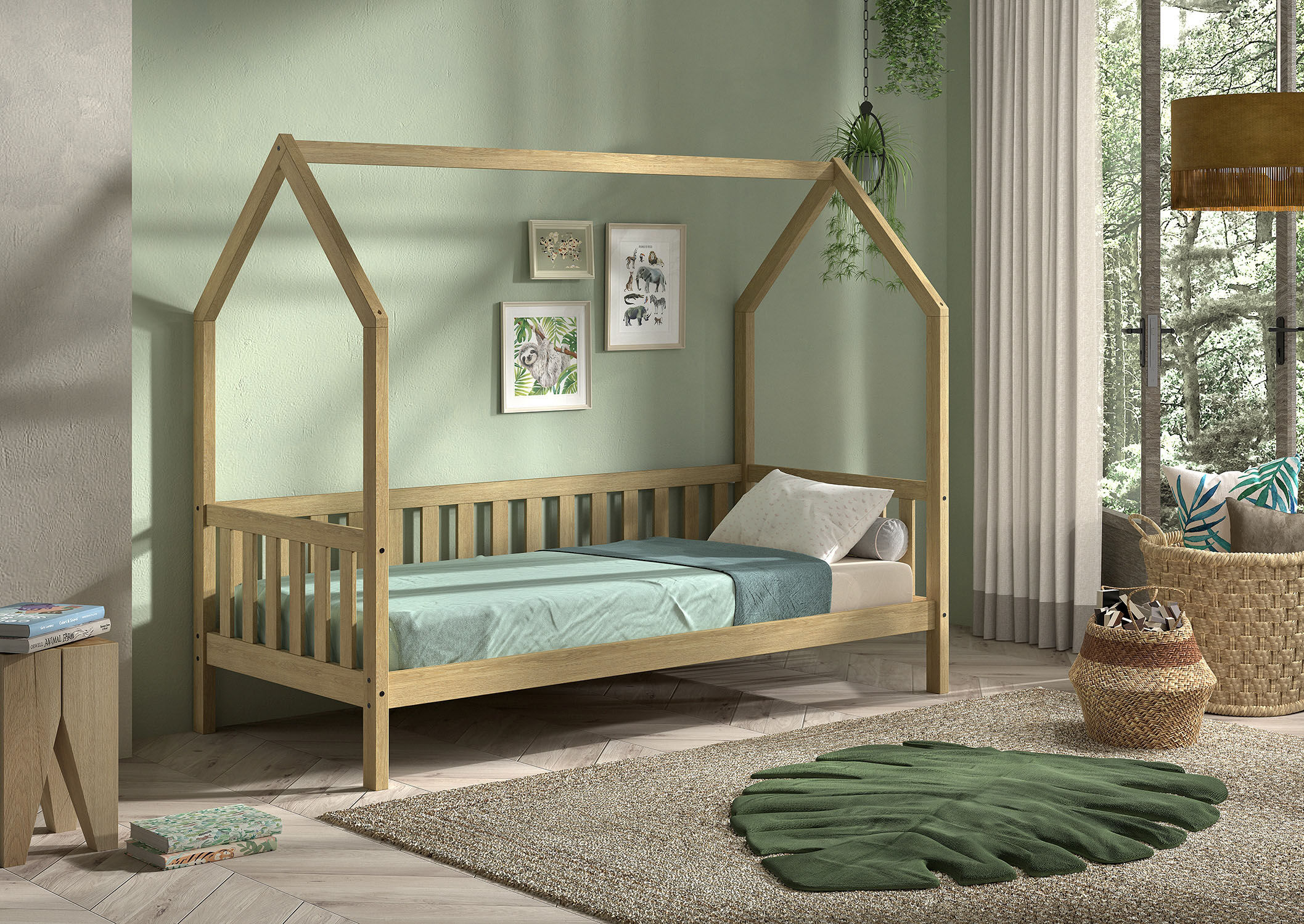 Hausbett VIPACK "Cabane, mit Dachaufbau und Sprossenumrandung in Landhaus-Optik", braun (eiche natur, eiche natur, eiche natur), B:98cm H:169cm L:208cm, Betten, Hausbett, sehr stabil und standfest gebaut inkl. Massivholz Rolllattenrost