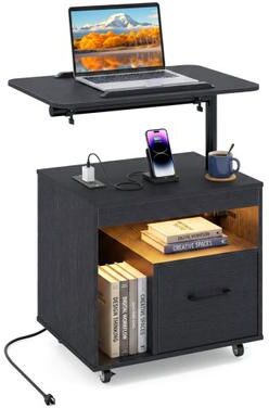 Costway LED Nightstand with Power Outlets Modern Bedside Table with Flip over-Black
