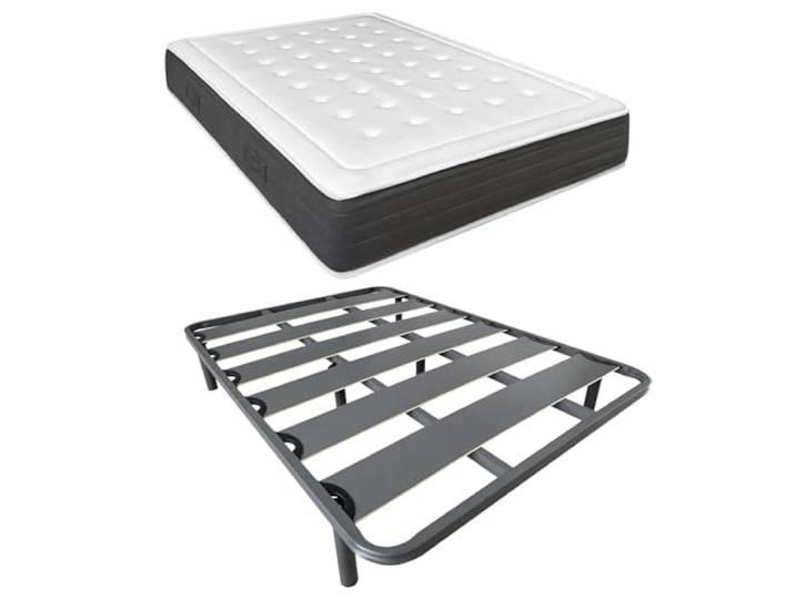 DUÉRMETE ONLINE Komplettes Bett mit viskoelastischer Matratze Bio Nature + verstärkter Lattenrost, 40 x 30 mm, mit 6 Metallfüßen, Stahllegierung, Grau, 150 x 190 cm