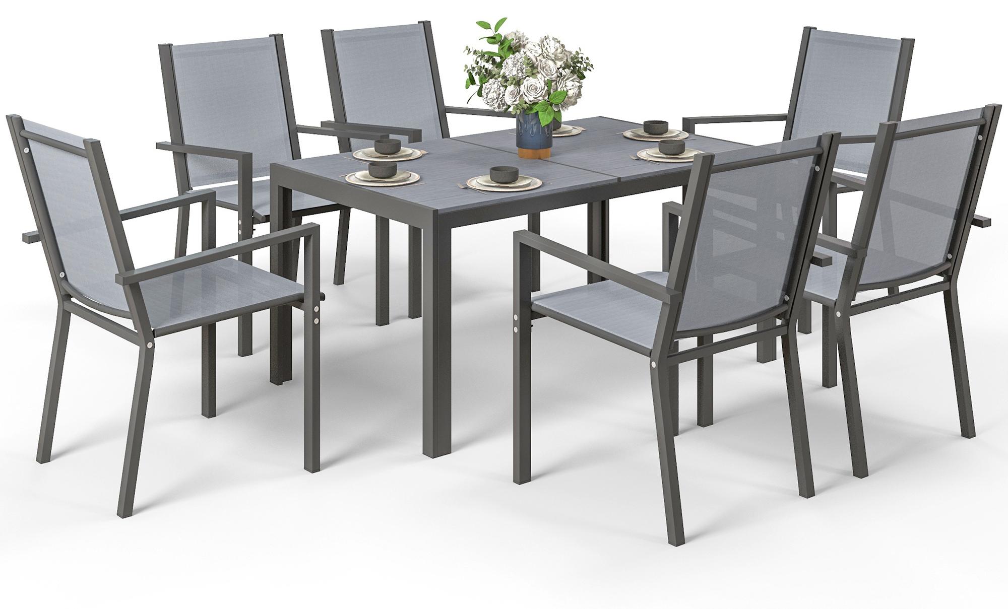 Garten-Essgruppe fš¹r 6 Personen, Gartenm?bel, Stahlgestell, stapelbare Stš¹hle, grau