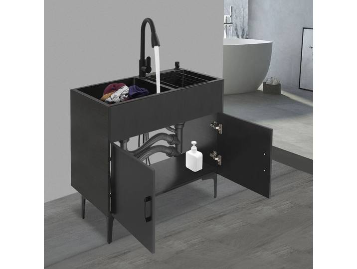 Évier de cuisine avec armoire et robinet extractible Évier à linge autoportant Blanc/Noir