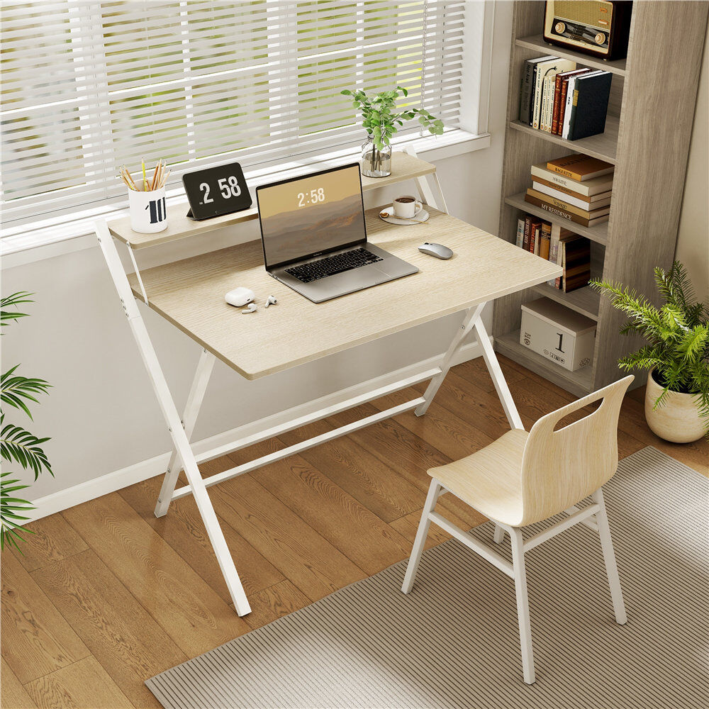 17 Stories 2-Tier Foldable Computer Desk Light Natural/White 90cm. H x 106.5cm. W x 60.5cm. D