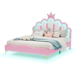 Merax 140*200cm Flaches Doppelbett, weiche Polsterung aus PU-Leder, verstellbarer LED-Umgebungslichtstreifen, Rosa