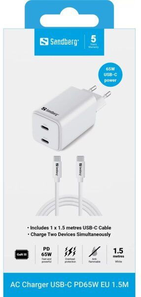 Sandberg Ac Oplader Usb-C Pd65w Eu 1.5m, Hvid
