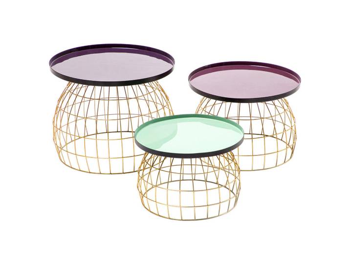 Kayoom Beistelltischset, Violett, Hellgrün, Pflaume, Metall, 3-teilig, rund, Gittergestell, einfacher Aufbau, Wohnzimmer, Wohnzimmertische, Beistelltisch