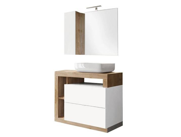ARTURO - Meuble Vasque 92cm + Miroir blanc et aspect bois finition Cadiz