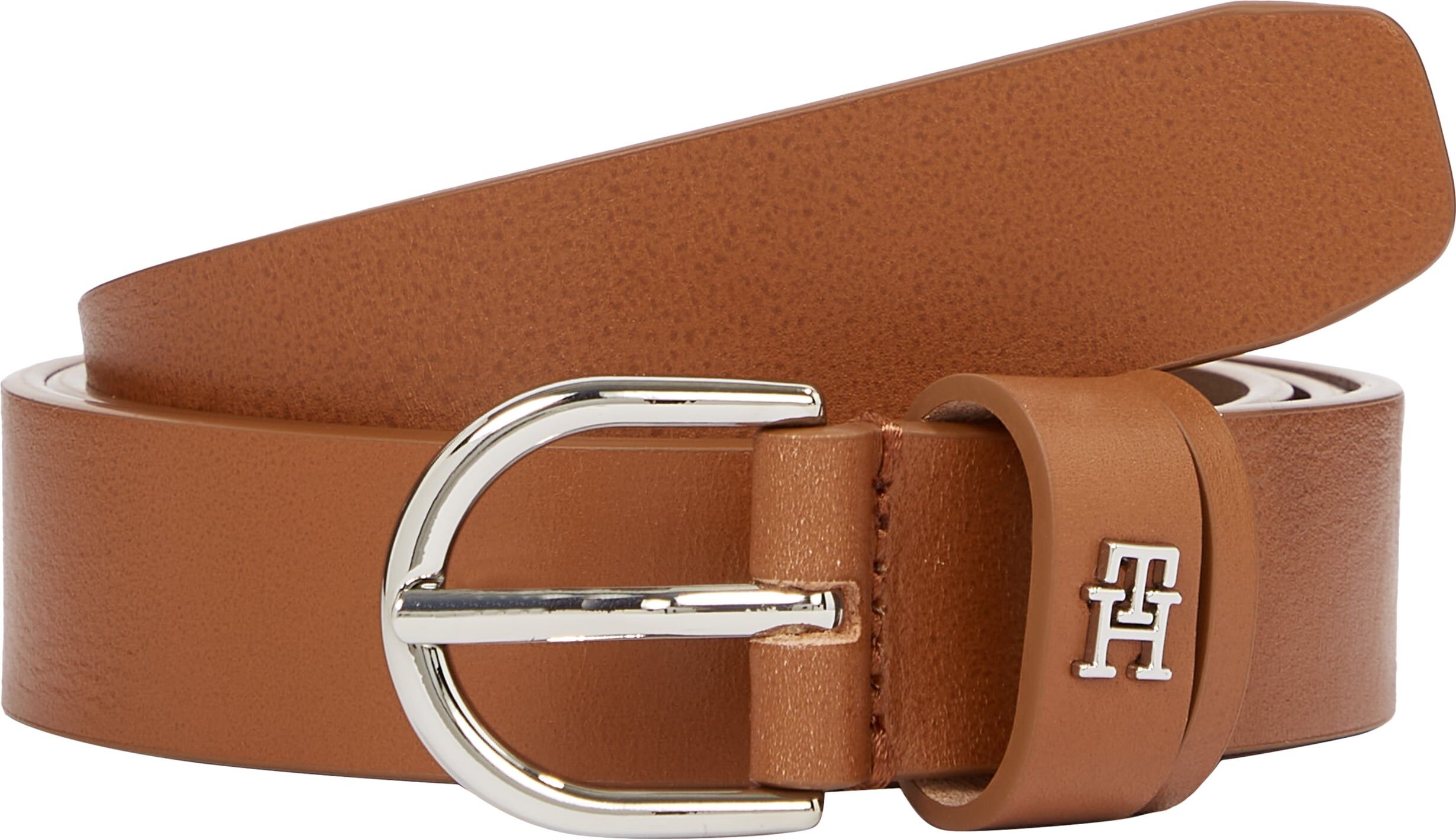 Ledergürtel TOMMY HILFIGER "ESSENTIAL EFFORTLESS 2.5 cm breit SILVER", Damen, Gr. 100, braun (cognac), Rindsleder, unifarben, Gürtel Ledergürtel, Einfachdornschließe, Metallemblem