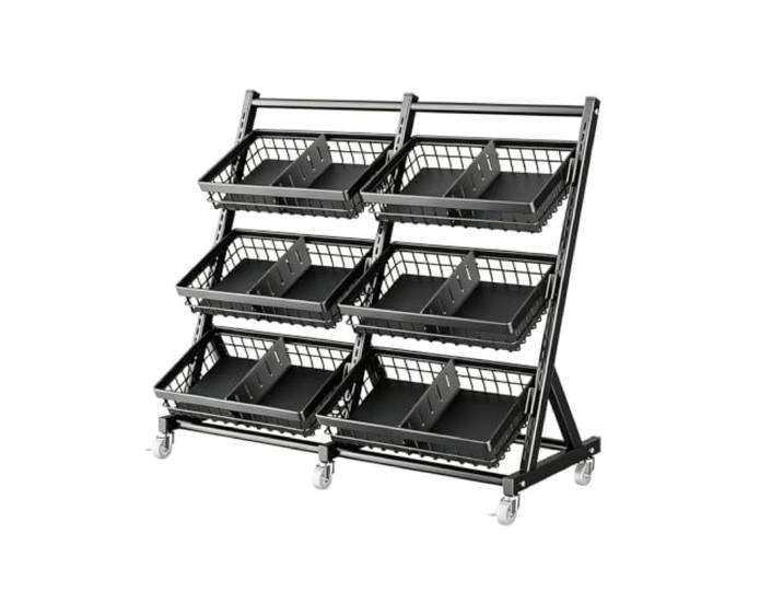 Dexinhdh Rollbarer Verkaufsständer für Snacks Metall-Obstkorb und Gemüseständer für Supermärkte, Convenience-Stores und Gewerbebetriebe(Black,C)