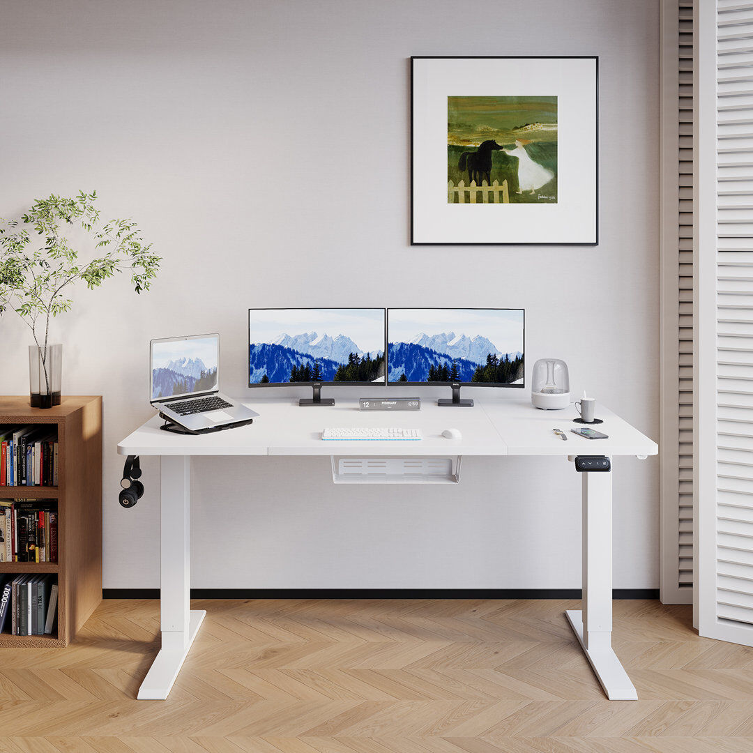 Zipcode Design Hieronymus Electric Adjustable T-Shape Standing Desk Home Desk With Backpack Hook And Memory Smart Pannel White 160cm W x 70cm D