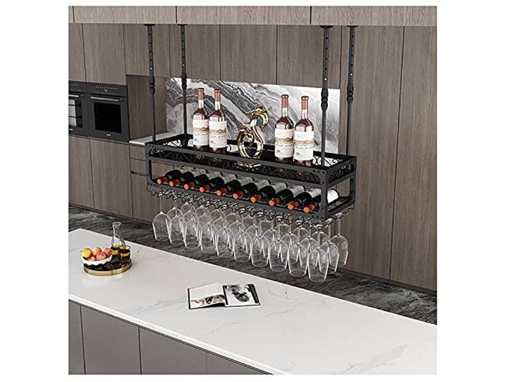 OOPDNEGAK Weinregal Hängend - Decke Weinregal Dekoration Regal, Schmiedeeiserner Pflanzenständer, An Der Wand Befestigter Glashalter, Weinflaschenregal Mit Geländer(Black,60 * 30cm)