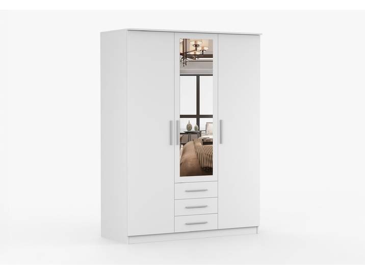Drehtürenschrank SZANTAL 3D B 151 cm Weiß Weiß + Spiegel
